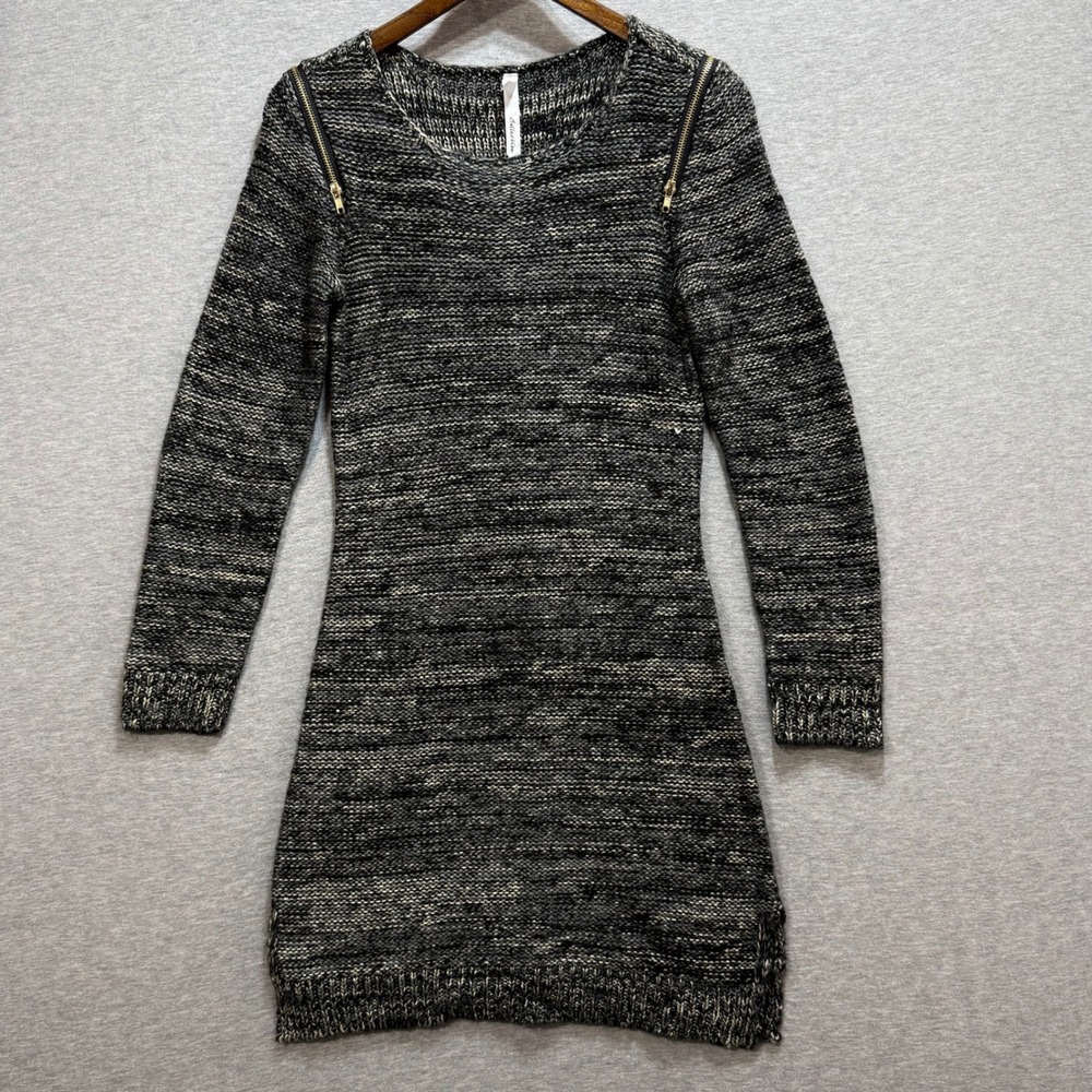 NY Collection Sweater Dress Womens M Black Space Dye Zipper Shoulder Goth Cozy